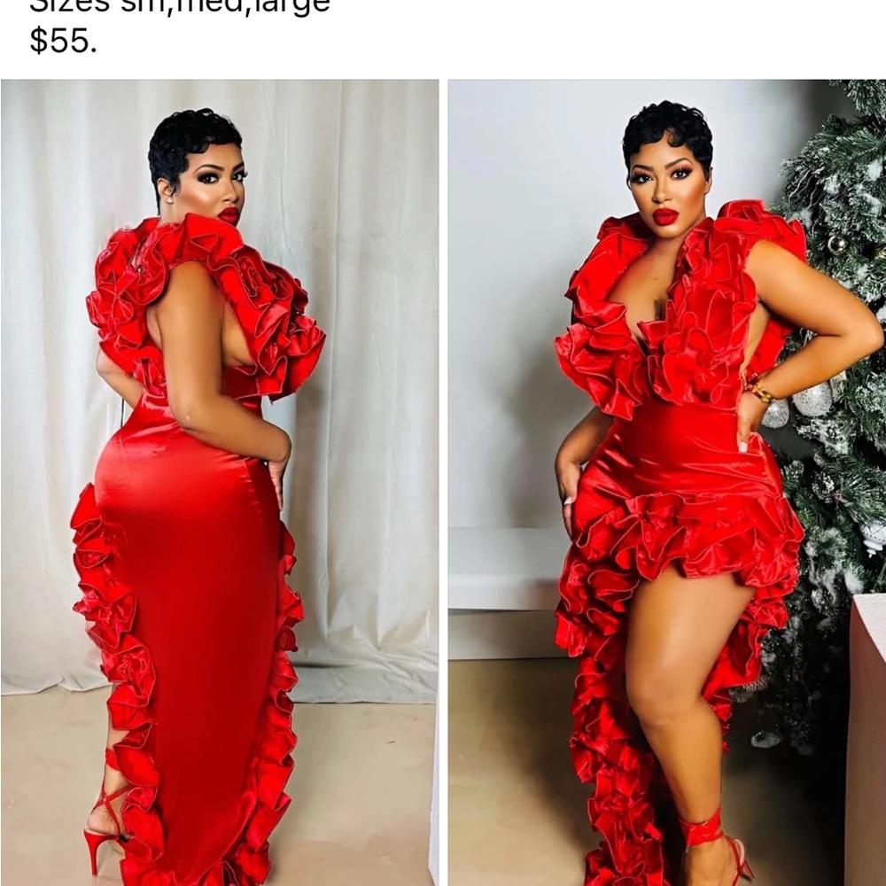 Red Plunge Neck Sleeveless Cocktail Gown